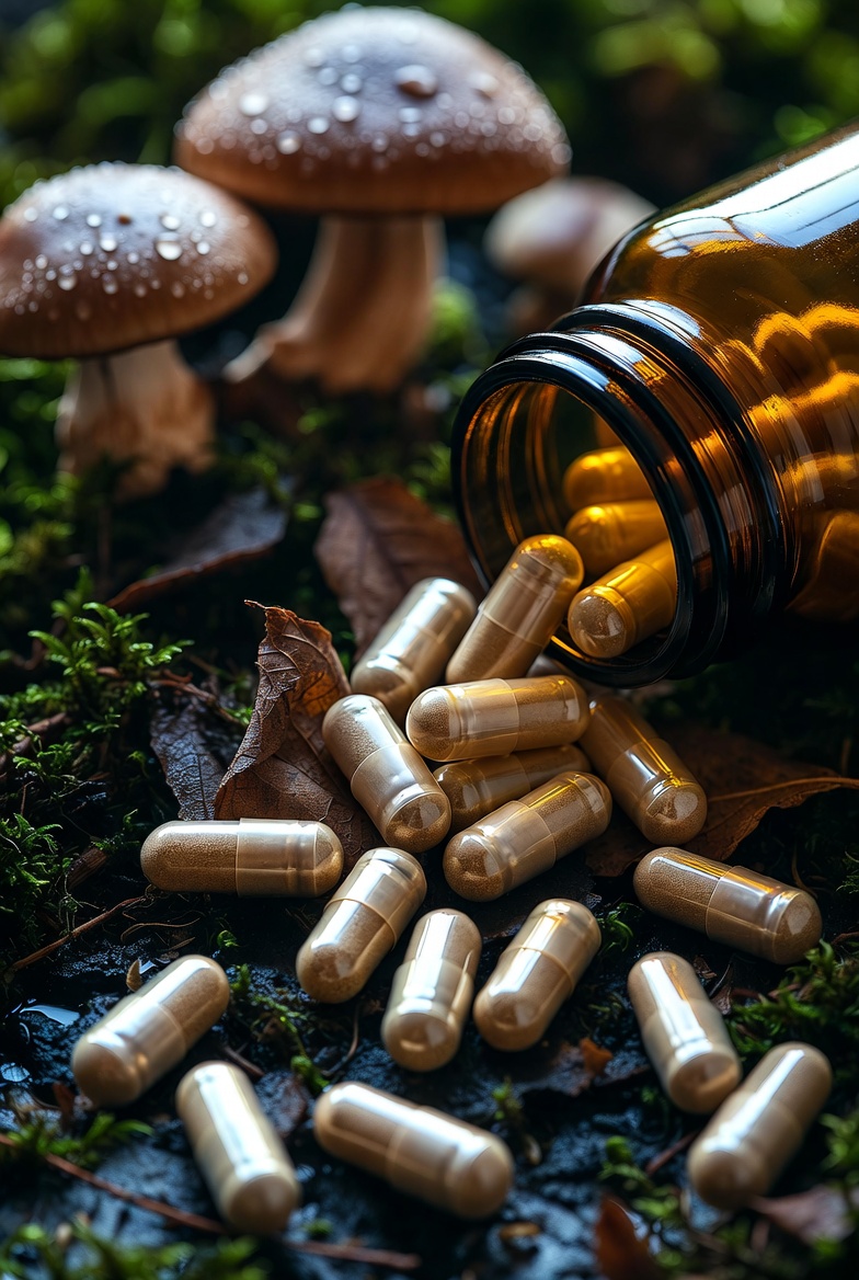 The Myco Dose mushroom capsules from amber glass bottle