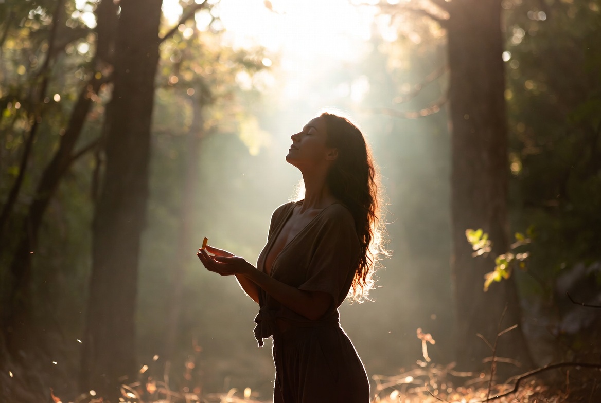 Woman in forest with sunlight — The Myco Dose functional mushroom supplements