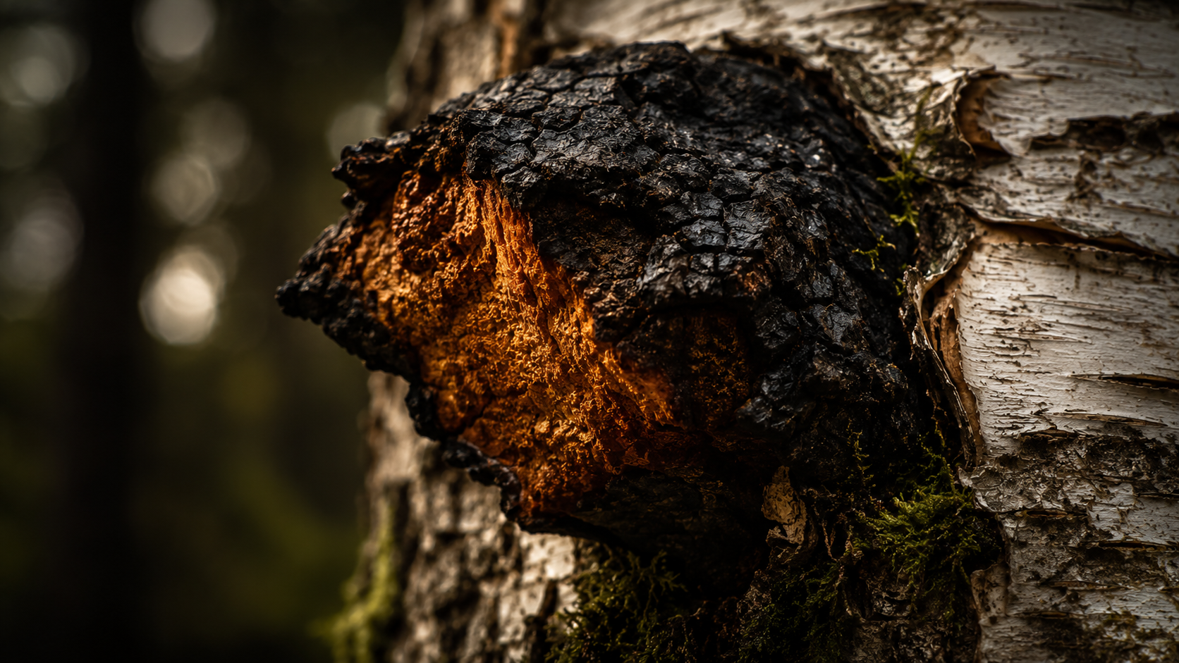 Chaga mushroom on birch tree