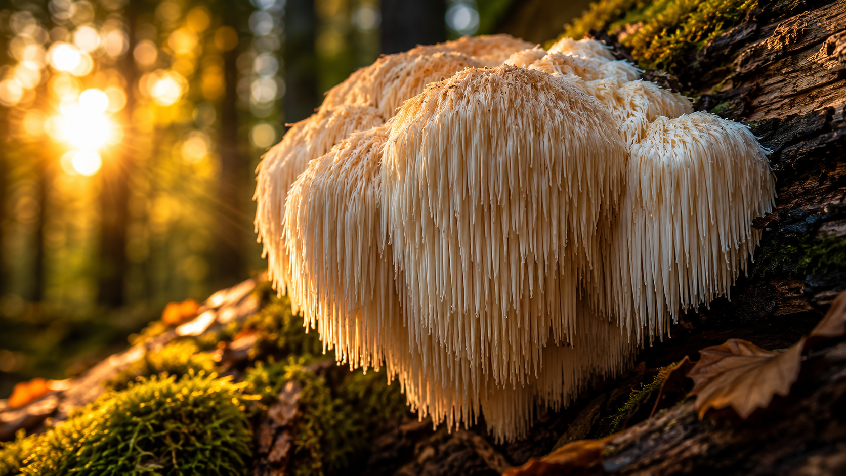 Lion's Mane mushroom in golden forest light